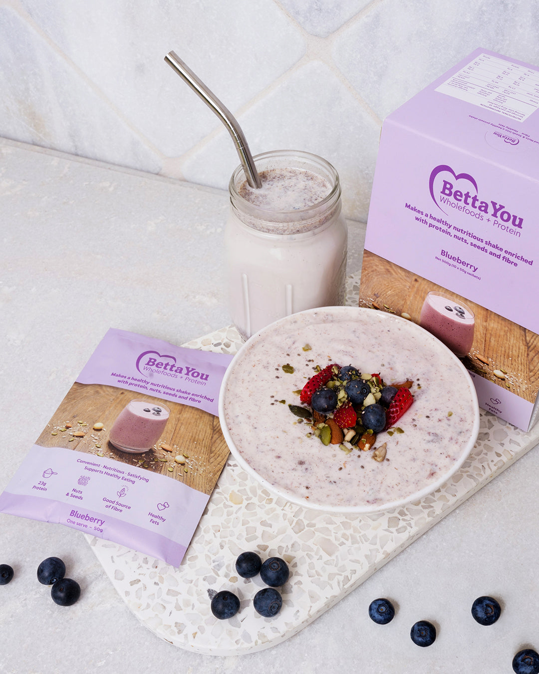 bettayou blueberry protein and fibre shake and yoghurt bowl