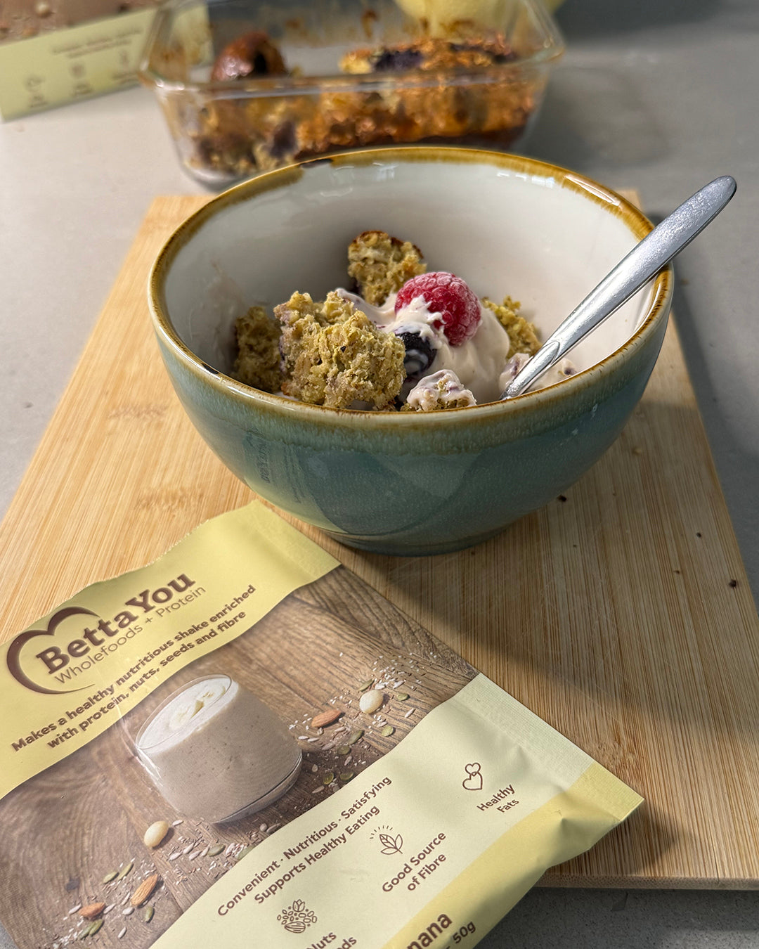 BettaYou baked oats topped with blueberries