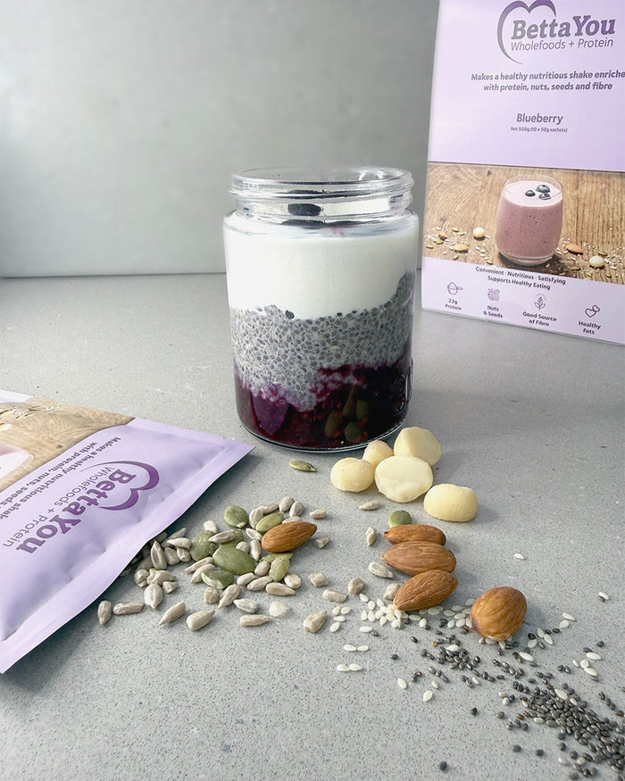 BettaYou blueberry chia pudding layered with berry jam and yoghurt