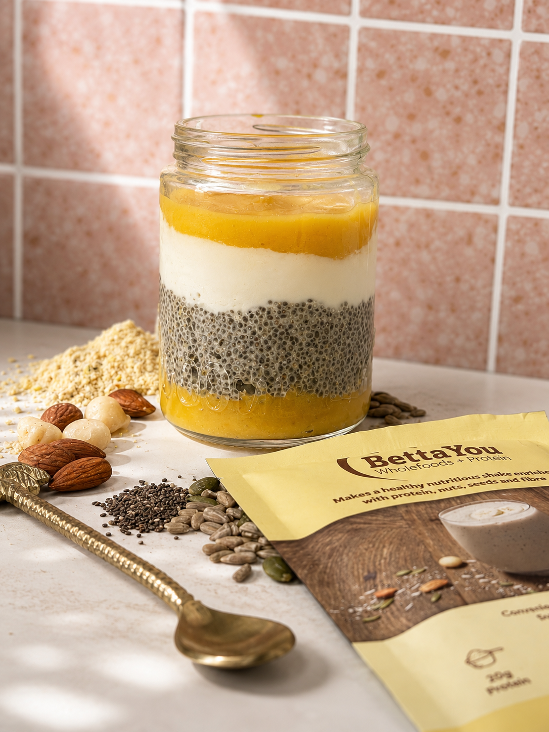BettaYou banana mango chia pudding layered in jars