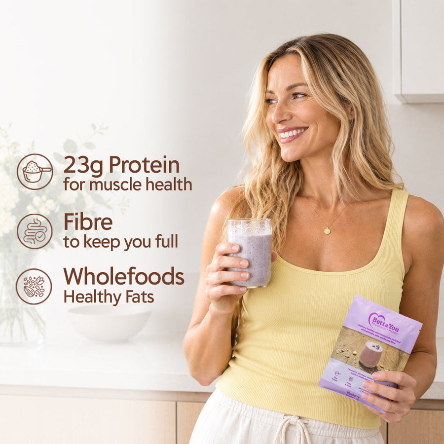 Woman enjoying a high protein breakfast shake made with BettaYou Blueberry blend