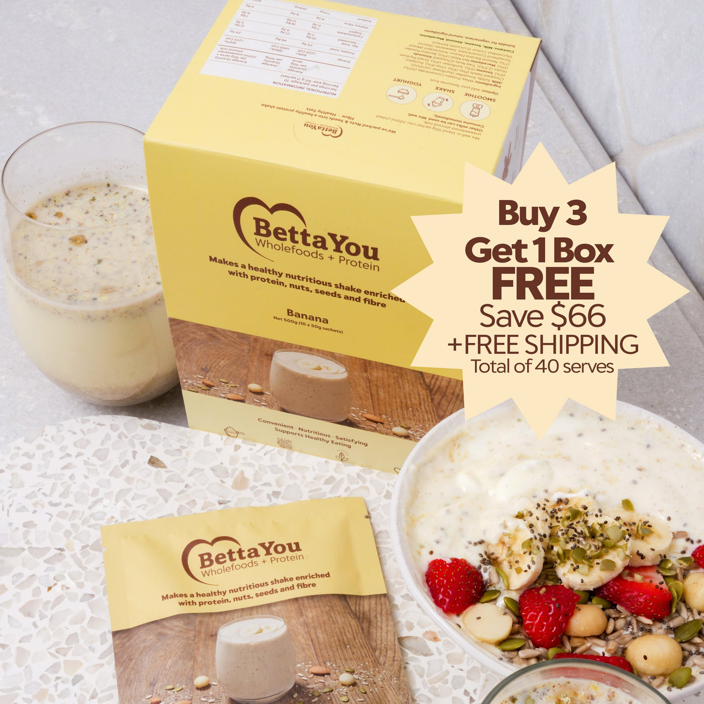 BettaYou banana flavored drink mix shown with its yellow retail box, a sachet, and prepared banana smoothies in glasses and a bowl on a light stone surface. A promotional badge reads 'Buy 3 Get 1 Box Free $66 + Free Shipping'.